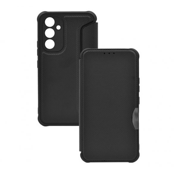 Husă stativă, efect piele (FLIP, deschidere laterală, hover, protecție cameră, model carbon) negru Samsung Galaxy A54 5G (SM-A546)