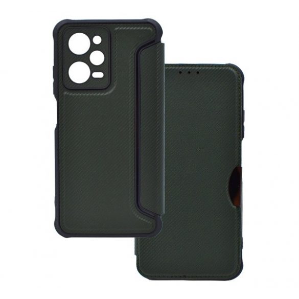 Carcasă în picioare, efect piele (FLIP, deschidere laterală, colț cu pernă de aer, protecție pentru cameră, model carbon) VERDE ÎNCHIS Xiaomi Poco X5 Pro 5G, Xiaomi Redmi Note 12 Pro