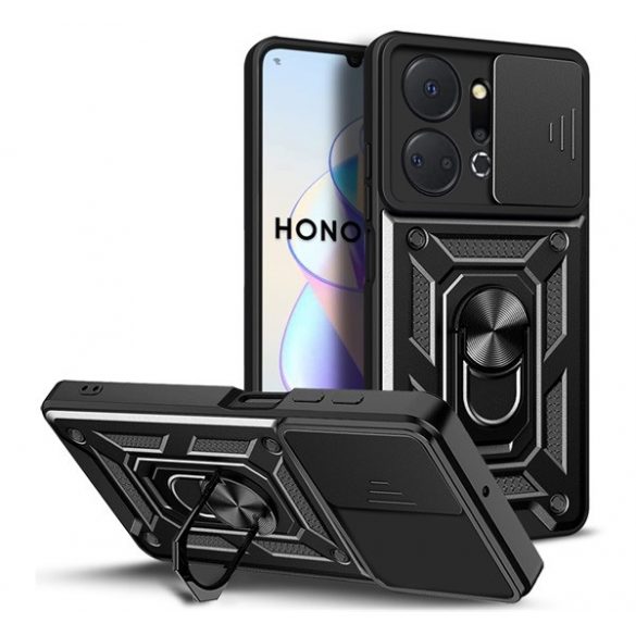 Protecție din plastic pentru telefon Defender (rezistență medie la impact, interior din silicon, inel suport telefon, protecție cameră foto) negru Honor X7a