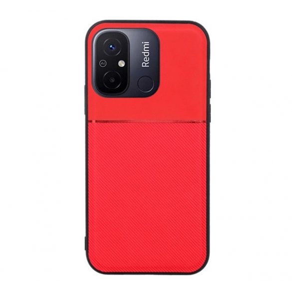 Protectie din plastic pentru telefon (cadru din silicon, rezistenta medie la impact, placa metalica incorporata, spate cu efect piele, model in dungi) RED Xiaomi Redmi 12C