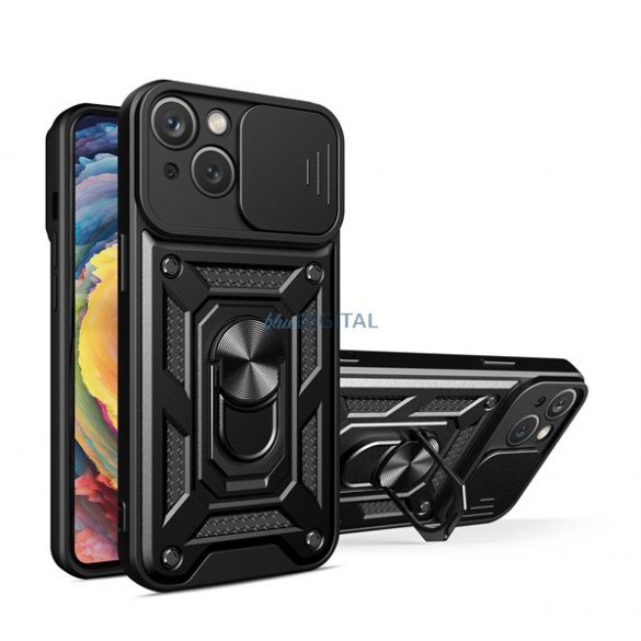 Protector de telefon din plastic Defender (rezistenta la impact mediu, interior din silicon, inel suport telefon, protectie camera) NEGRU Motorola Moto G62 5G (XT2223)