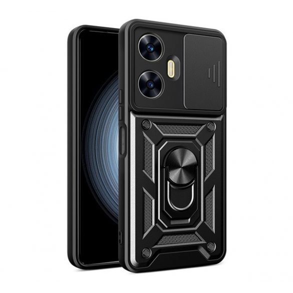 Protecție din plastic pentru telefon Defender (rezistență medie la impact, interior din silicon, inel suport pentru telefon, protecție cameră foto) negru Realme C55