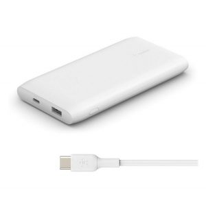 BELKIN BOOST CHARGE încărcător de urgență 2 USB + priză Type-C (10000mAh, 18W, încărcător rapid + cablu Type-C) ALB