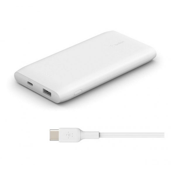 BELKIN BOOST CHARGE încărcător de urgență 2 USB + priză Type-C (10000mAh, 18W, încărcător rapid + cablu Type-C) ALB