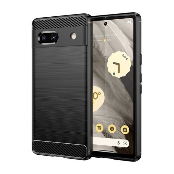 Protector de telefon din silicon (rezistență medie la impact, colț cu pernă de aer, periat, model carbon) NEGRU Google Pixel 7a