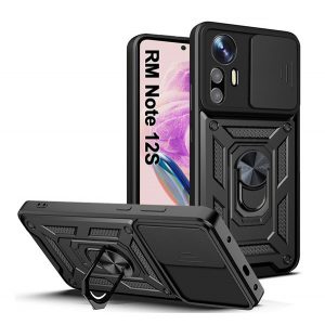 Defender protecțiede telefon din plastic (rezistent la impact mediu, interior din silicon, inel de fixare a telefonului, protecție a camerei) negru Xiaomi Redmi Note 12S