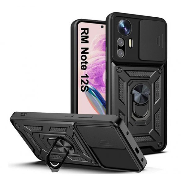 Defender protecțiede telefon din plastic (rezistent la impact mediu, interior din silicon, inel de fixare a telefonului, protecție a camerei) negru Xiaomi Redmi Note 12S