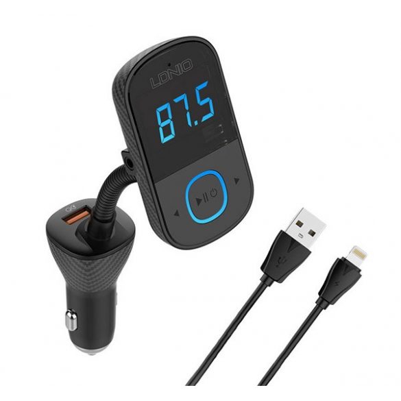 Transmițător FM bluetooth LDNIO încărcător auto 2 prize USB+Type-C (3A, 43W, încărcător rapid PD + cablu fulger) NEGRU