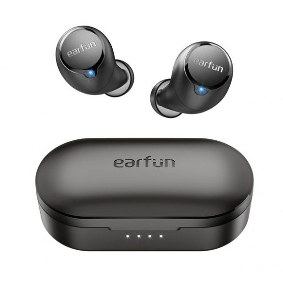 Căști bluetooth EARFUN FREE 1S STEREO (v5.0, TWS, microfon, filtru de zgomot, IPX7 rezistent la apă + carcasă de încărcare) NEGRU