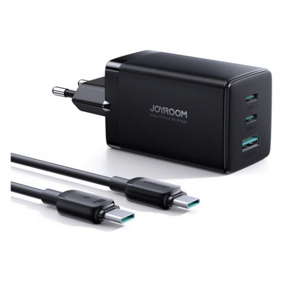 Încărcător de rețea JOYROOM USB+2 priză tip C (65W, GaN, încărcător rapid PD 3.0 + cablu tip C) NEGRU