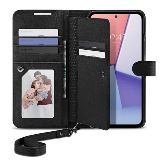 Husă SPIGEN WALLET S PLUS în picioare, efect piele (FLIP, deschidere laterală, model textil) NEGRU Samsung Galaxy A54 5G (SM-A546)