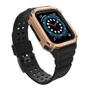 Curea de schimb (dimensiune personalizată, silicon, rezistență la șoc + cadru din silicon) NEGRU/AUR ROSE Apple Watch Series 7 45mm, Apple Watch Series 8 45mm, Apple Watch Series 4 44mm, Apple Watch Series 5 44mm, Apple Watch Series 6 44mm, Apple Wa