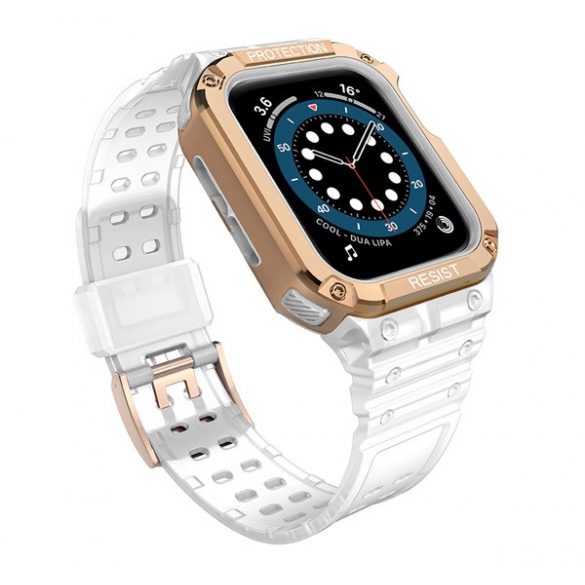 Curea de schimb (dimensiune personalizată, silicon, rezistență la șoc + cadru din silicon) TRANSPARENT/AUR ROSE Apple Watch Series 7 45mm, Apple Watch Series 8 45mm, Apple Watch Series 4 44mm, Apple Watch Series 5 44mm, Apple Watch Series 6 44mm, Ap