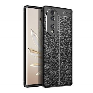 Protector de telefon din silicon (rezistenta la impact mediu, efect piele, model de cusaturi) NEGRU Honor 70