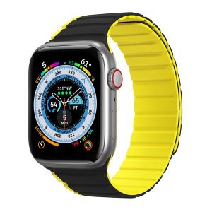 Curea de schimb DUX DUCIS (dimensiune personalizată, mare, silicon, 3D, magnetică) NEGRU/GALBEN Apple Watch Ultra 49 mm, Apple Watch Series 7 45 mm, Apple Watch Series 8 45 mm, Apple Watch Series 4 44 mm, Apple Watch Series 5 44 mm, Apple Watch Seri