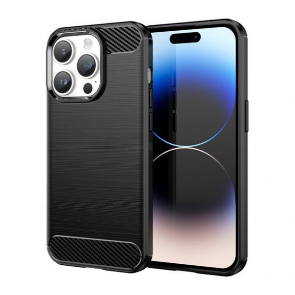 Protector de telefon din silicon (rezistență medie la impact, colț cu pernă de aer, periat, model carbon) NEGRU Apple iPhone 15 Pro