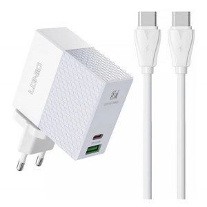 Încărcător LDNIO priză USB+Type-C (65W, încărcător rapid PD + Cablu Type-C - Type-C) ALB