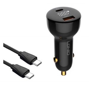 Încărcător auto LDNIO USB+priză tip C (100W, încărcător rapid PD 3.0 + cablu tip C - tip C) NEGRU