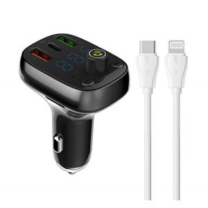 Transmițător FM bluetooth LDNIO încărcător auto 2 prize USB+Type-C (15W + Type-C - cablu fulger) NEGRU