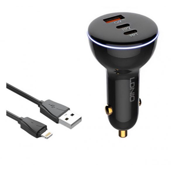 Încărcător auto LDNIO USB+2 priză tip C (160W, încărcător rapid 3.0 + cablu lightning) NEGRU