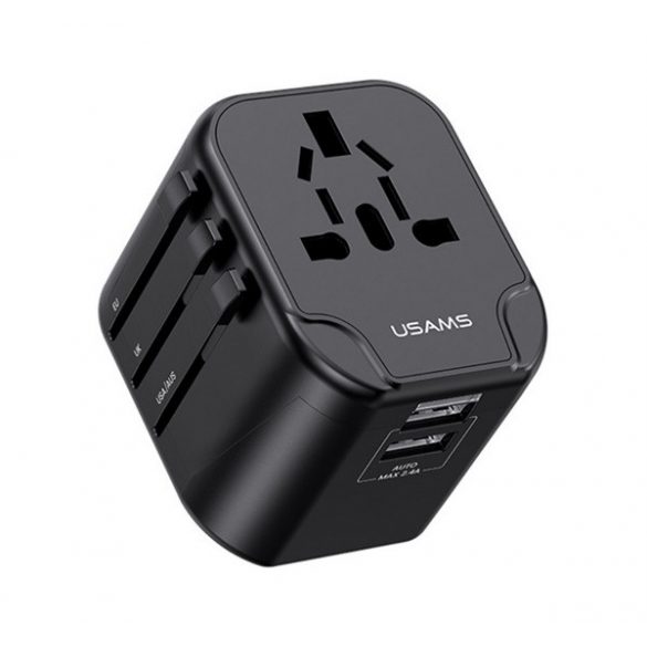 Încărcător de voiaj USAMS T55 2 prize USB (12W, UE, Marea Britanie, SUA, AU) NEGRU