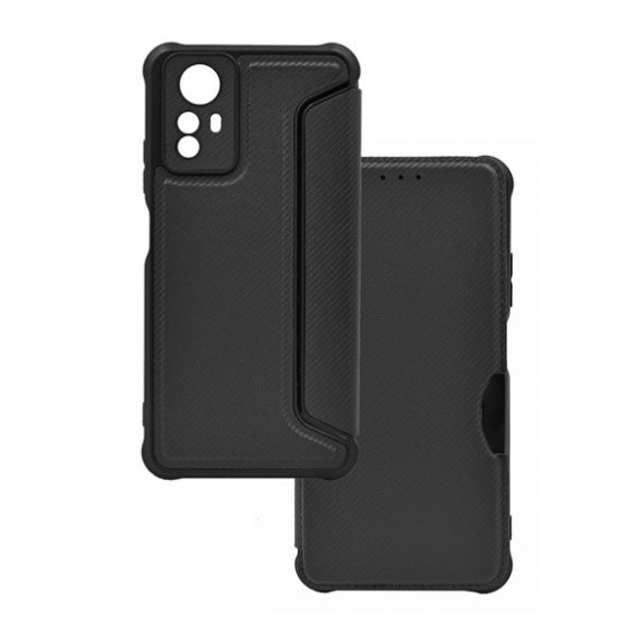 Husă stativă, efect de piele (FLIP, deschidere laterală, călcâi cu pernă de aer, protecție cameră, model de carbon) negru Xiaomi Redmi Note 12S