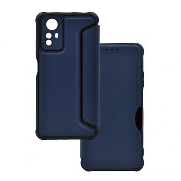 Carcasa in picioare, efect piele (FLIP, deschidere laterala, colt cu perna de aer, protectie camera, model carbon) ALBASTRU INCHIS Xiaomi Redmi Note 12S