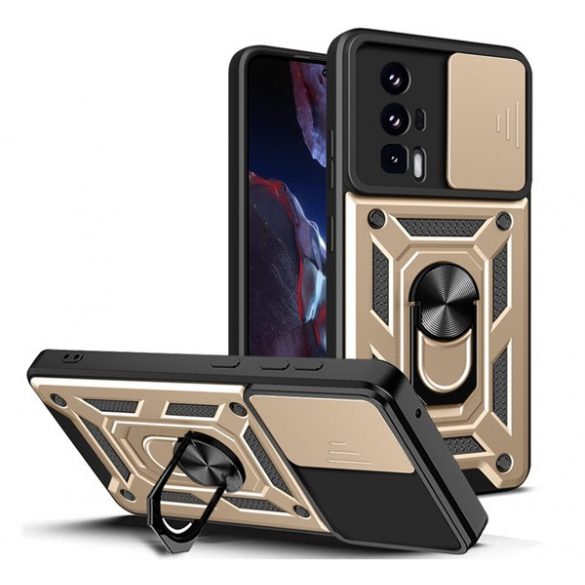 Defender protecție din plastic pentru telefon (rezistent la impact mediu, interior din silicon, inel de fixare a telefonului, protecție a camerei) GOLD Xiaomi Poco F5 Pro