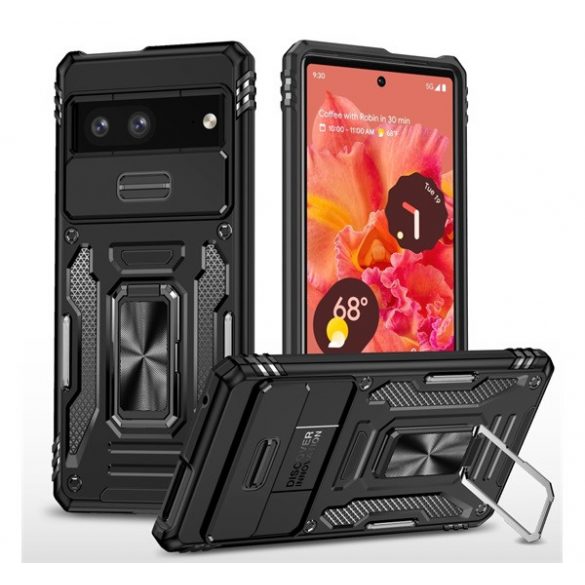 Defender protecție din plastic pentru telefon (rezistent la impact mediu, interior din silicon, inel suport pentru telefon, protecție pentru cameră) negru Google Pixel 7a