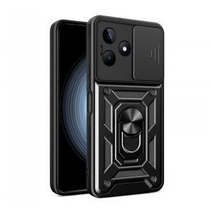 Protector de telefon din plastic Defender (rezistent mediu la impact, interior din silicon, inel suport telefon, protectie camera) NEGRU Realme C53