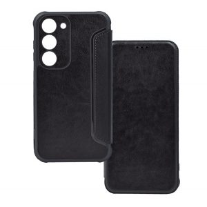 Husă în picioare, efect piele (FLIP, deschidere laterală, colț cu pernă de aer, protecție pentru cameră) NEGRU Samsung Galaxy S23 Plus (SM-S916)