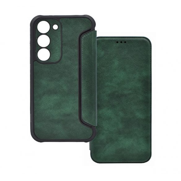 Husă în picioare, efect piele (FLIP, deschidere laterală, colț cu pernă de aer, protecție pentru cameră) VERDE ÎNCHIS Samsung Galaxy S23 Plus (SM-S916)