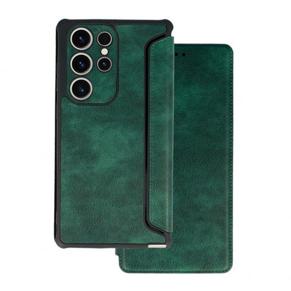 Husă în picioare, efect piele (FLIP, deschidere laterală, colț cu pernă de aer, protecție pentru cameră) VERDE ÎNCHIS Samsung Galaxy S23 Ultra (SM-S918)