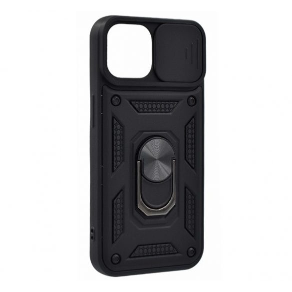 Protector de telefon din plastic Defender (rezistenta la impact mediu, interior din silicon, inel suport telefon, protectie camera) NEGRU Apple iPhone 15