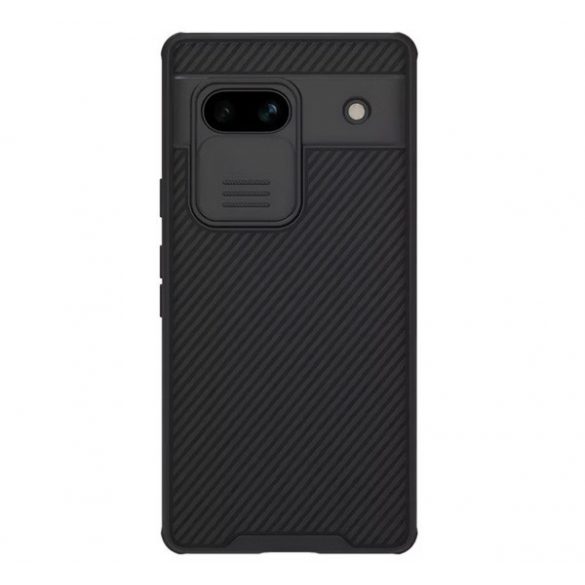 NILLKIN CAMSHIELD PRO protecție din plastic pentru telefon (cadru din silicon, rezistent la impact mediu, protecție cameră, model cu dungi) NEGRU Google Pixel 7a