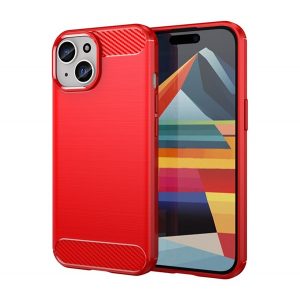 Protector de telefon din silicon (rezistență medie la impact, colț cu pernă de aer, periat, model carbon) RED Apple iPhone 15