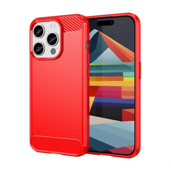 Protector de telefon din silicon (rezistență medie la impact, colț cu pernă de aer, periat, model carbon) RED Apple iPhone 15 Pro Max