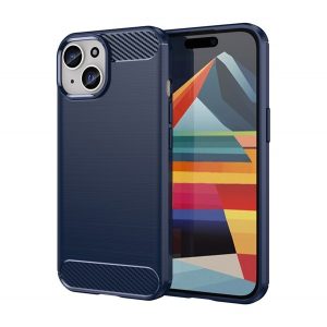 Protector de telefon din silicon (rezistență medie la impact, colț cu perne de aer, periat, model carbon) ALBASTRU ÎNCHIS Apple iPhone 15 Plus