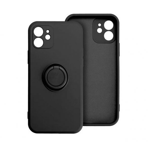 Protector de telefon din silicon (inel suport telefon, interior din microfibra de pluș, placă metalică încorporată, protecție pentru cameră) NEGRU Apple iPhone 15 Plus