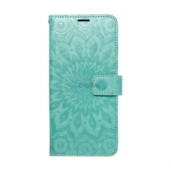 Carcasa in picioare, efect piele (FLIP, deschidere laterala, functie suport de masa, balama, model mandala) CYAN Apple iPhone 15 Pro Max