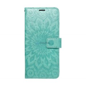 Carcasa in picioare, efect piele (FLIP, deschidere laterala, functie suport de masa, balama, model mandala) CYAN Apple iPhone 15