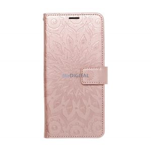 Carcasa in picioare, efect piele (FLIP, deschidere laterala, functie suport de masa, balama, model mandala) ROSE GOLD Apple iPhone 15 Pro Max