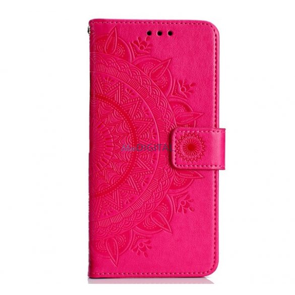 Carcasa in picioare, efect piele (FLIP, deschidere laterala, functie suport de masa, balama, model mandala) ROZ Apple iPhone 15