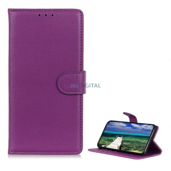 Carcasa in picioare, efect piele (FLIP, deschidere laterala, functie suport de masa, premium) PURPLE Apple iPhone 15 Plus