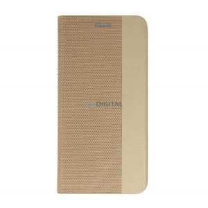 Carcasa in picioare, efect piele (FLIP, deschidere laterala, functie suport de masa, model textil) GOLD Apple iPhone 15