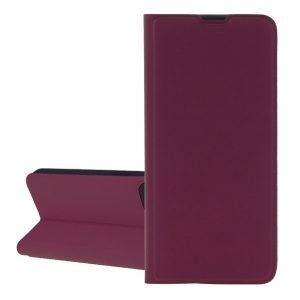 Husă în picioare, efect piele (FLIP, interior din silicon, deschidere laterală, suport pentru masă, buzunar pentru card) BURGUNDY Apple iPhone 15