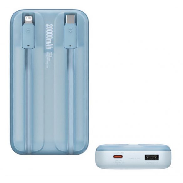 BASEUS COMET încărcător de urgență USB + priză Type-C (10000mAh, încărcător rapid, 22.5W + fix Type-C + cablu fulger) LIGHT BLUE