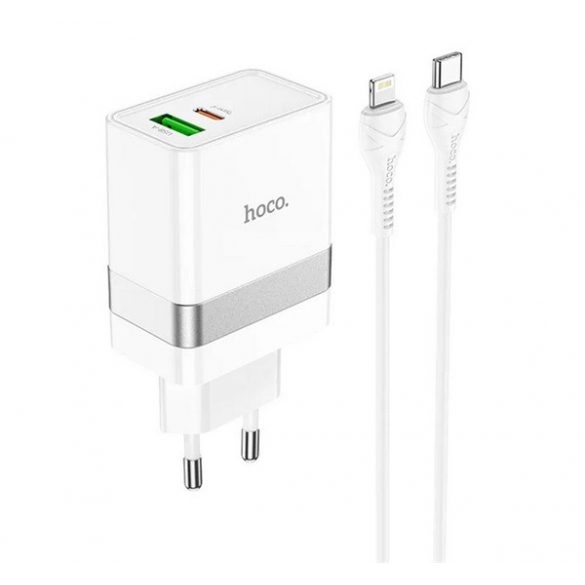 Încărcător de rețea HOCO N21 USB+priză de tip C (30W, încărcător rapid PD 3.0 + cablu lightning) ALB