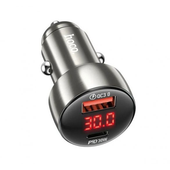 Încărcător auto HOCO Z50 USB+priză de tip C (48W, încărcător rapid PD 3.0, afișaj LED) GRI