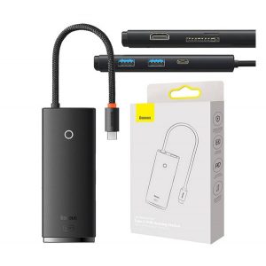 BASEUS OS LITE Type-C HUB 6in1 (activ, 2 prize USB+Type-C+HDMI, cititor de carduri TF/SD, încărcător rapid PD) NEGRU